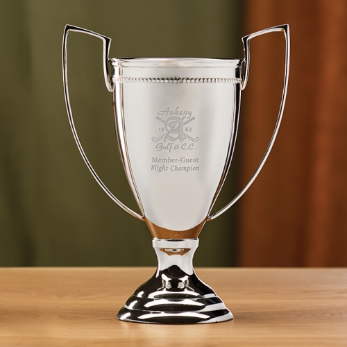 LVH Sweep Handle Trophy - Large 13\ Large 
Dimensions:  12 1/2\ Height x 9 3/4\ Width
Nickel-plated finish
Non-tarnish

Engrave a logo and up to 3 lines of engraving
